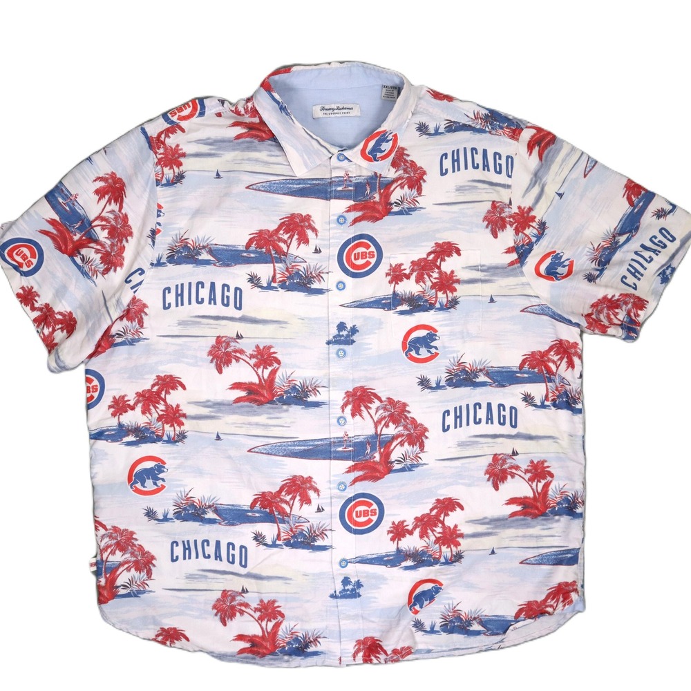 Tommy Bahama Chicago‎ Cubs MLB Coconut Point Hawaiian Shirt XXL Blue Red Palms